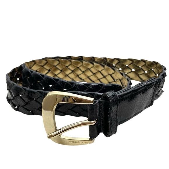 MICHAEL KORS Length BLACK Braided Leather Belt Gold Buckle M Medium Reverse - Picture 1 of 6
